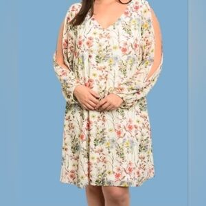 Cozy Casual V-Neck Chiffon Cold Shoulder Wildflower Dress, Size 1X